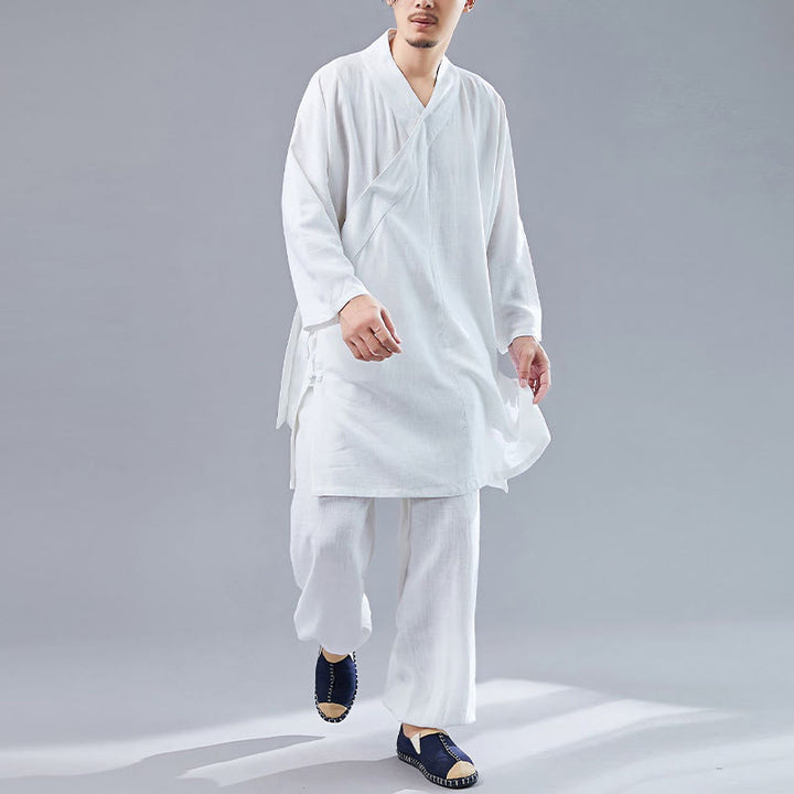 Buddha Stones 2 pezzi scollo a V da uomo manica lunga camicia top pantaloni meditazione zen tai chi cotone lino abbigliamento set