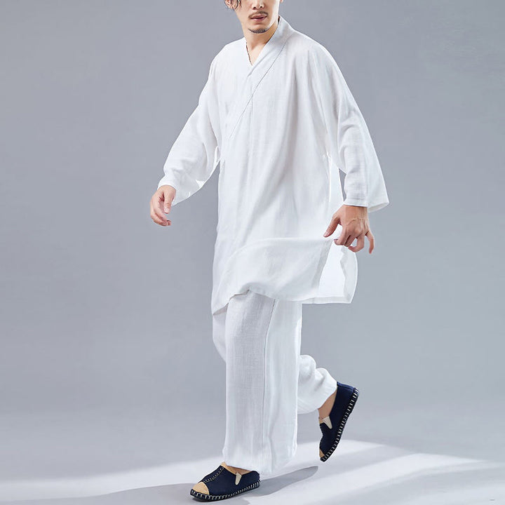 Buddha Stones 2 pezzi scollo a V da uomo manica lunga camicia top pantaloni meditazione zen tai chi cotone lino abbigliamento set