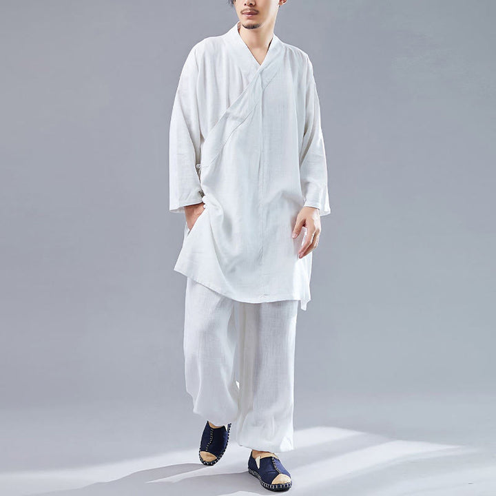 Buddha Stones 2 pezzi scollo a V da uomo manica lunga camicia top pantaloni meditazione zen tai chi cotone lino abbigliamento set