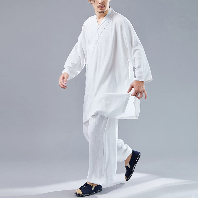 Buddha Stones 2 pezzi scollo a V da uomo manica lunga camicia top pantaloni meditazione zen tai chi cotone lino abbigliamento set - image 3