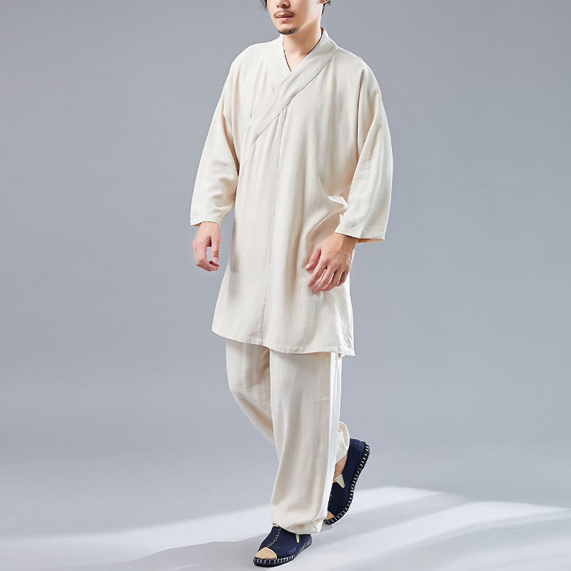 Buddha Stones 2 pezzi scollo a V da uomo manica lunga camicia top pantaloni meditazione zen tai chi cotone lino abbigliamento set