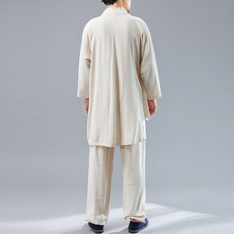Buddha Stones 2 pezzi scollo a V da uomo manica lunga camicia top pantaloni meditazione zen tai chi cotone lino abbigliamento set