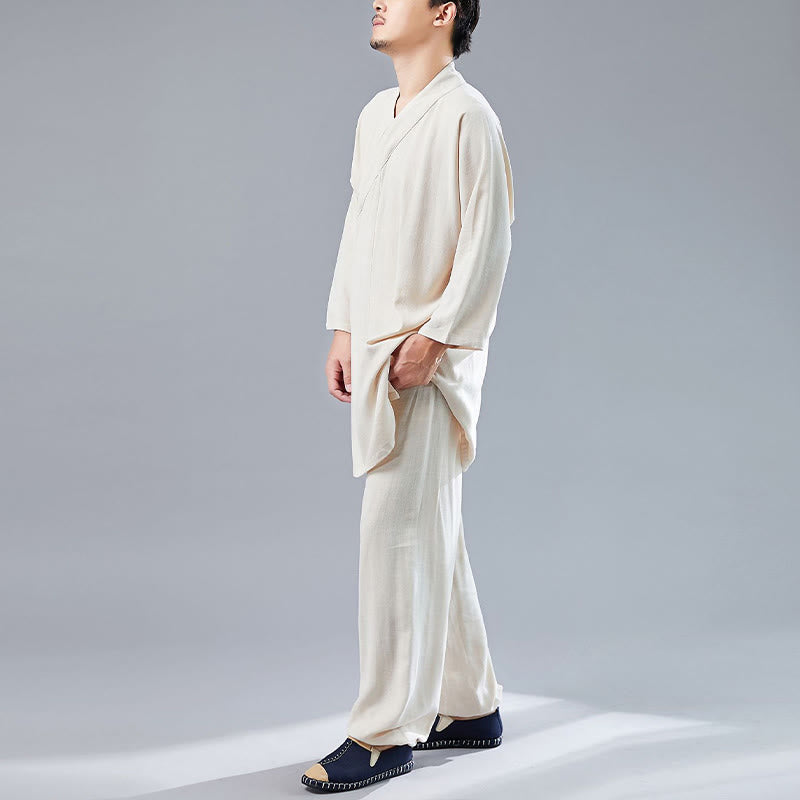 Buddha Stones 2 pezzi scollo a V da uomo manica lunga camicia top pantaloni meditazione zen tai chi cotone lino abbigliamento set