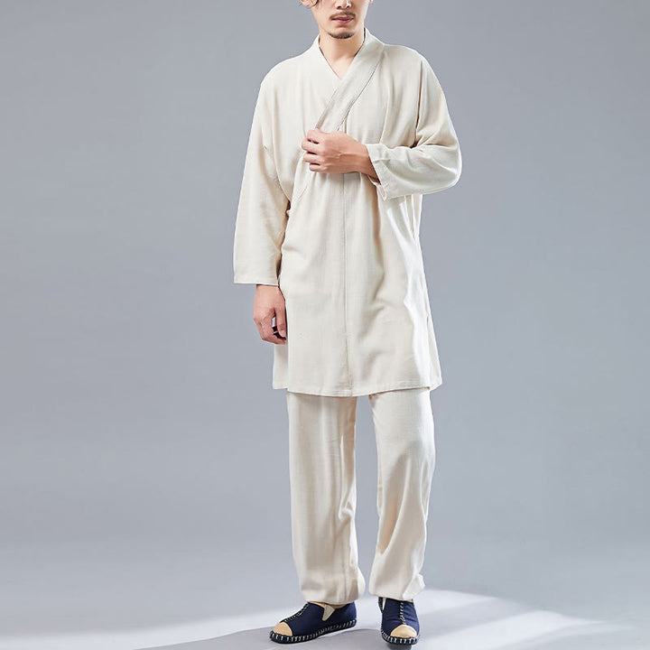Buddha Stones 2 pezzi scollo a V da uomo manica lunga camicia top pantaloni meditazione zen tai chi cotone lino abbigliamento set