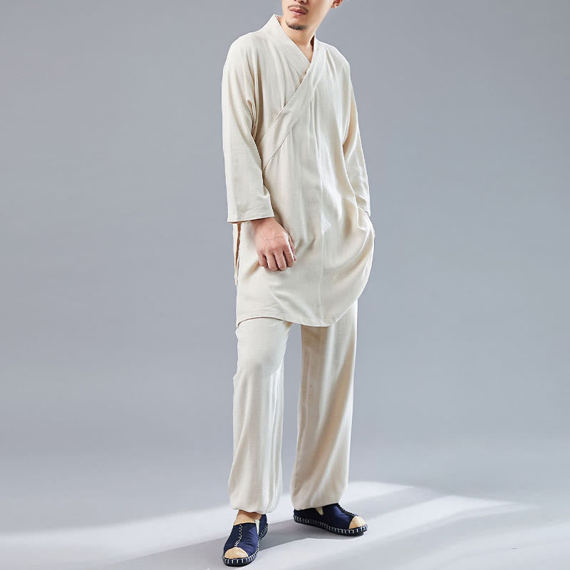 Buddha Stones 2 pezzi scollo a V da uomo manica lunga camicia top pantaloni meditazione zen tai chi cotone lino abbigliamento set