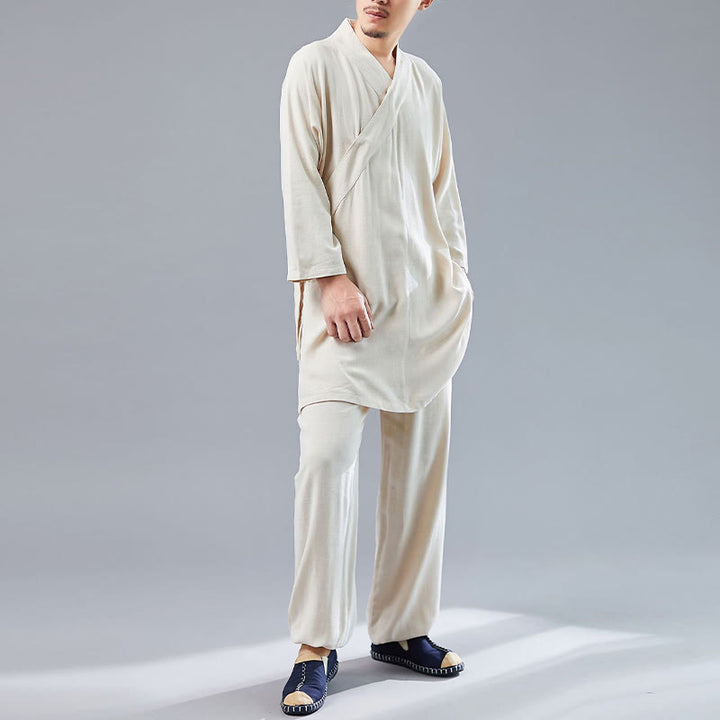 Buddha Stones 2 pezzi scollo a V da uomo manica lunga camicia top pantaloni meditazione zen tai chi cotone lino abbigliamento set