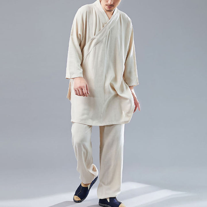 Buddha Stones 2 pezzi scollo a V da uomo manica lunga camicia top pantaloni meditazione zen tai chi cotone lino abbigliamento set