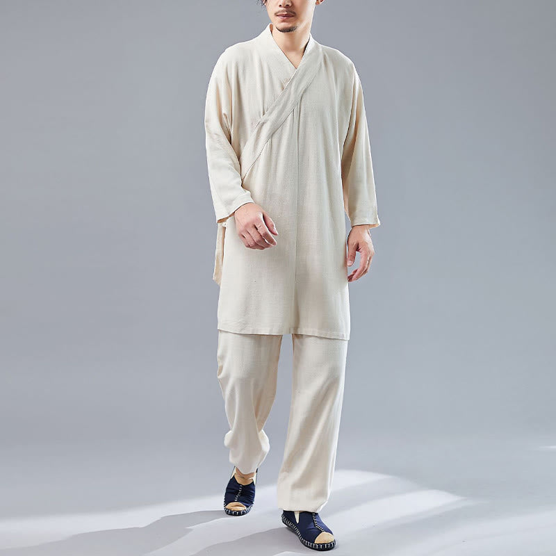 Buddha Stones 2 pezzi scollo a V da uomo manica lunga camicia top pantaloni meditazione zen tai chi cotone lino abbigliamento set