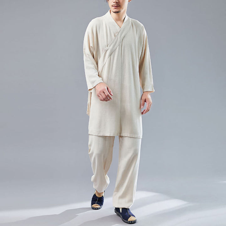 Buddha Stones 2 pezzi scollo a V da uomo manica lunga camicia top pantaloni meditazione zen tai chi cotone lino abbigliamento set