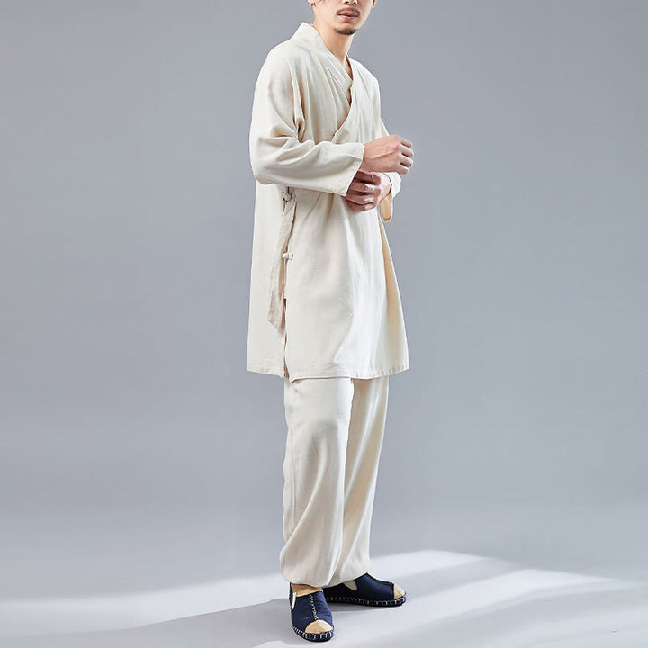 Buddha Stones 2 pezzi scollo a V da uomo manica lunga camicia top pantaloni meditazione zen tai chi cotone lino abbigliamento set