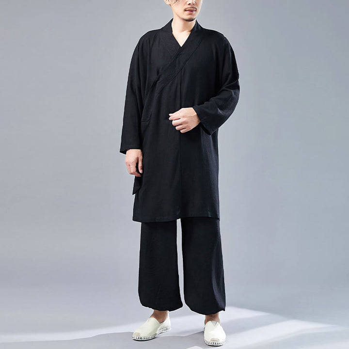 Buddha Stones 2 pezzi scollo a V da uomo manica lunga camicia top pantaloni meditazione zen tai chi cotone lino abbigliamento set
