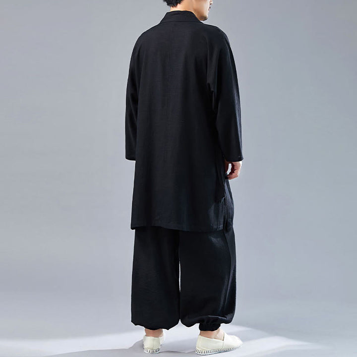 Buddha Stones 2 pezzi scollo a V da uomo manica lunga camicia top pantaloni meditazione zen tai chi cotone lino abbigliamento set
