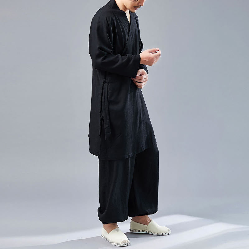 Buddha Stones 2 pezzi scollo a V da uomo manica lunga camicia top pantaloni meditazione zen tai chi cotone lino abbigliamento set - image 24