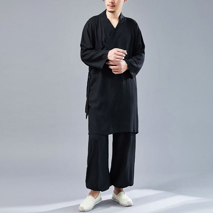 Buddha Stones 2 pezzi scollo a V da uomo manica lunga camicia top pantaloni meditazione zen tai chi cotone lino abbigliamento set