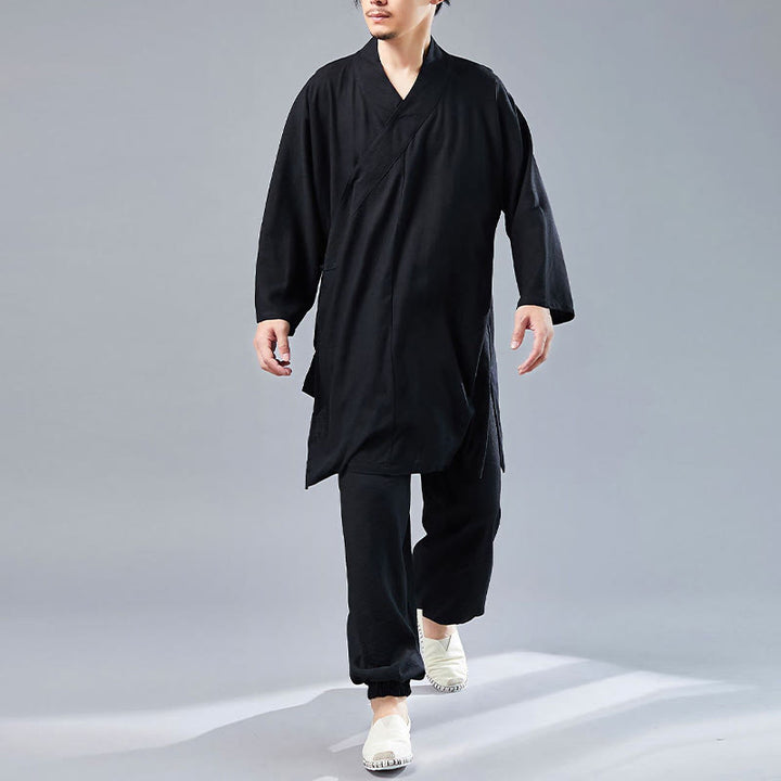 Buddha Stones 2 pezzi scollo a V da uomo manica lunga camicia top pantaloni meditazione zen tai chi cotone lino abbigliamento set