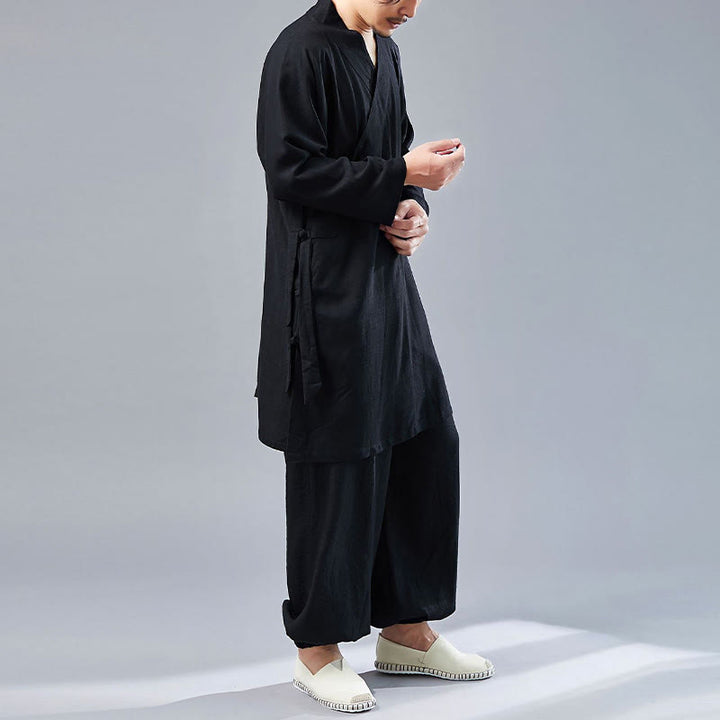 Buddha Stones 2 pezzi scollo a V da uomo manica lunga camicia top pantaloni meditazione zen tai chi cotone lino abbigliamento set