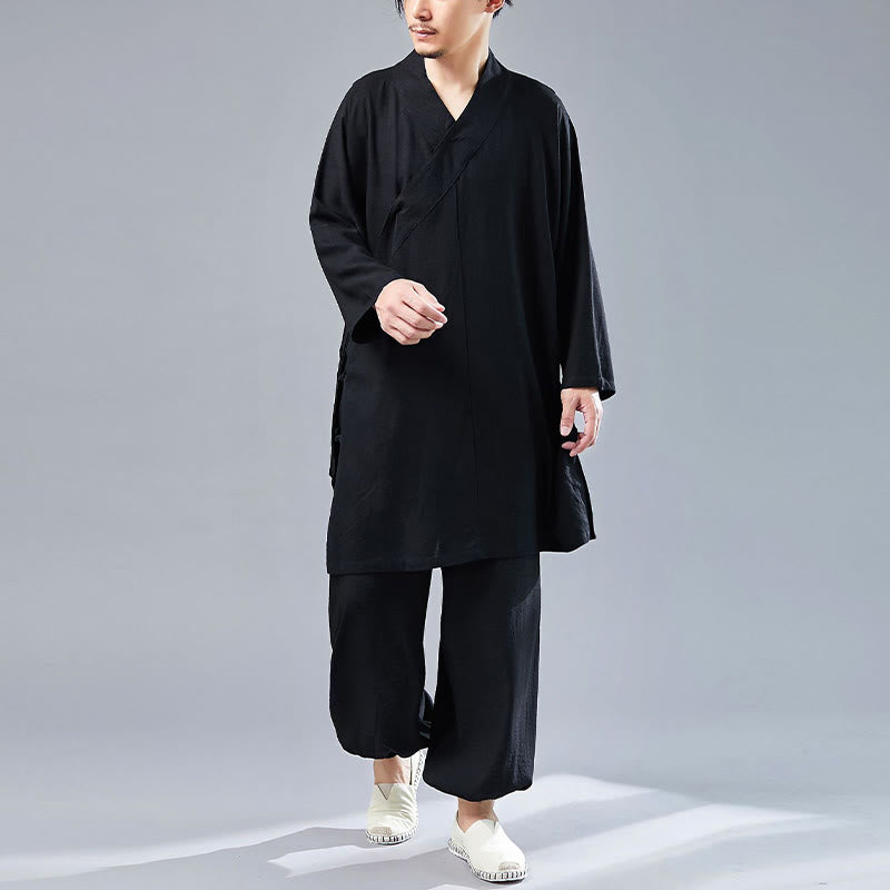 Buddha Stones 2 pezzi scollo a V da uomo manica lunga camicia top pantaloni meditazione zen tai chi cotone lino abbigliamento set