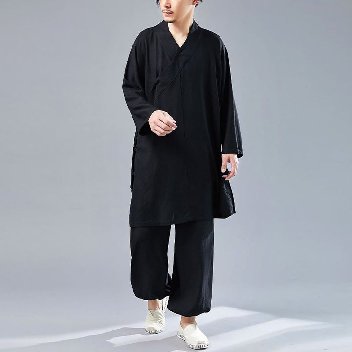 Buddha Stones 2 pezzi scollo a V da uomo manica lunga camicia top pantaloni meditazione zen tai chi cotone lino abbigliamento set