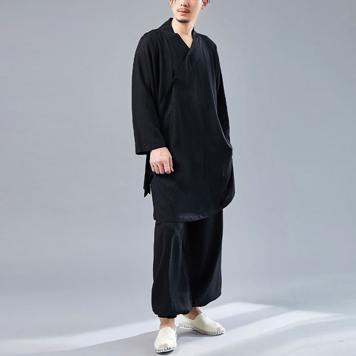 Buddha Stones 2 pezzi scollo a V da uomo manica lunga camicia top pantaloni meditazione zen tai chi cotone lino abbigliamento set
