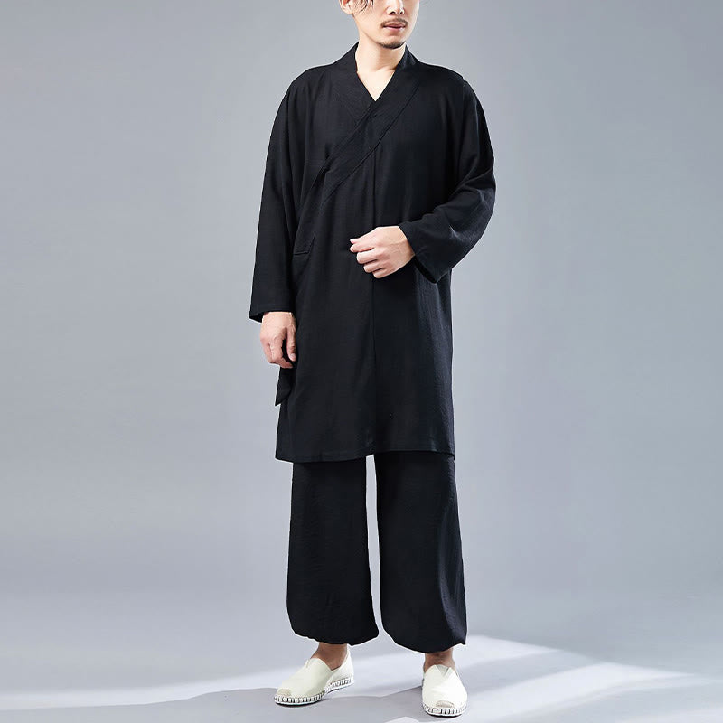 Buddha Stones 2 pezzi scollo a V da uomo manica lunga camicia top pantaloni meditazione zen tai chi cotone lino abbigliamento set