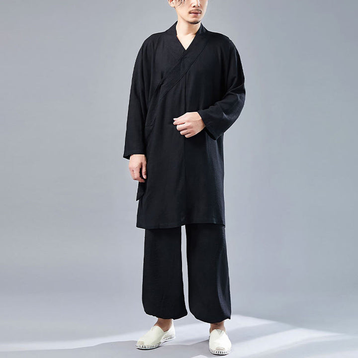 Buddha Stones 2 pezzi scollo a V da uomo manica lunga camicia top pantaloni meditazione zen tai chi cotone lino abbigliamento set