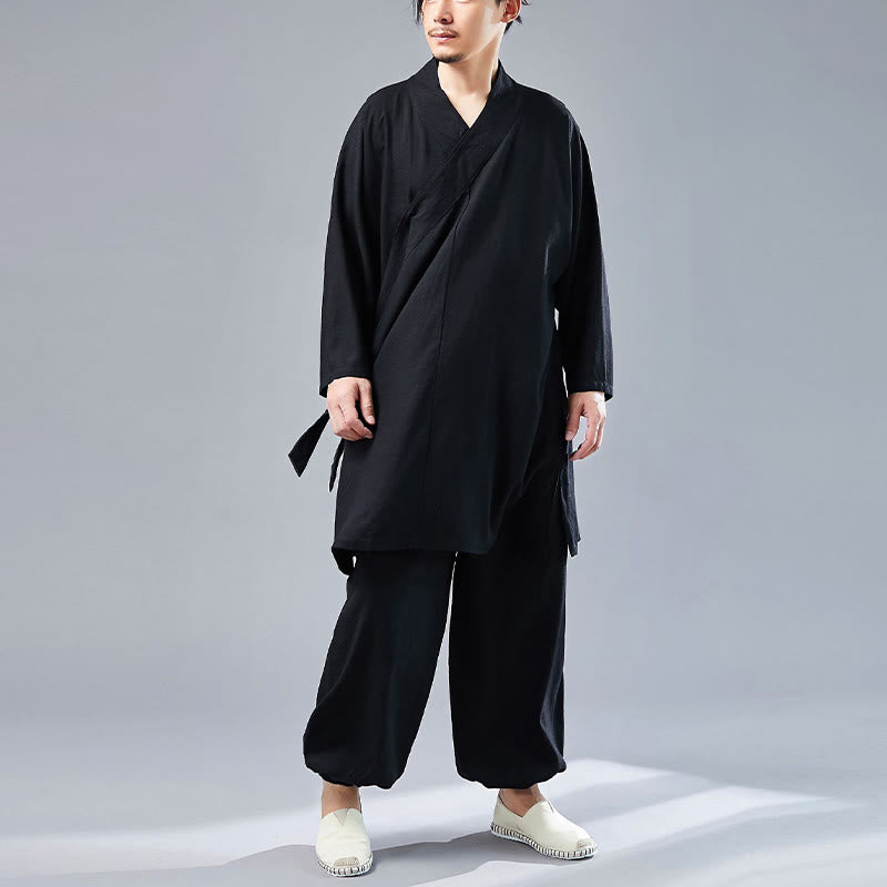 Buddha Stones 2 pezzi scollo a V da uomo manica lunga camicia top pantaloni meditazione zen tai chi cotone lino abbigliamento set