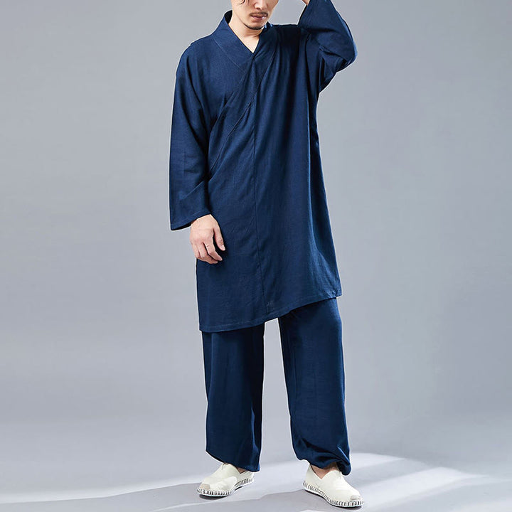 Buddha Stones 2 pezzi scollo a V da uomo manica lunga camicia top pantaloni meditazione zen tai chi cotone lino abbigliamento set