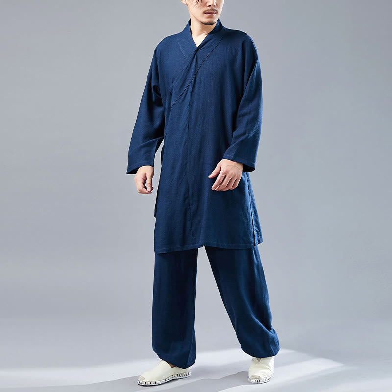 Buddha Stones 2 pezzi scollo a V da uomo manica lunga camicia top pantaloni meditazione zen tai chi cotone lino abbigliamento set - image 38