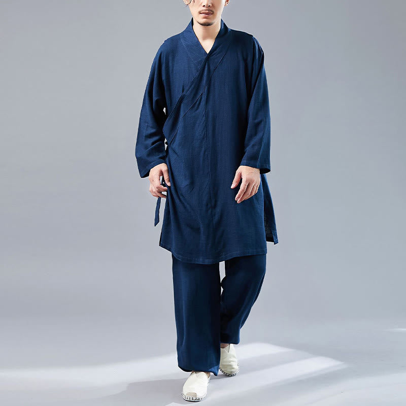 Buddha Stones 2 pezzi scollo a V da uomo manica lunga camicia top pantaloni meditazione zen tai chi cotone lino abbigliamento set