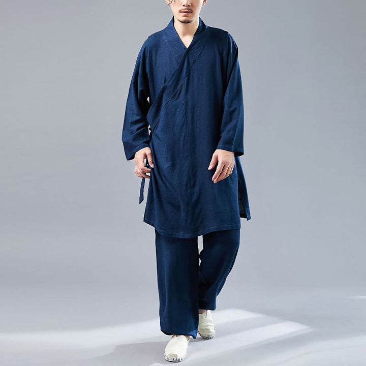 Buddha Stones 2 pezzi scollo a V da uomo manica lunga camicia top pantaloni meditazione zen tai chi cotone lino abbigliamento set