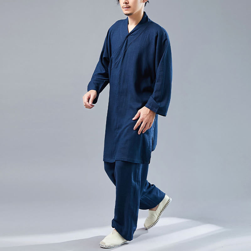 Buddha Stones 2 pezzi scollo a V da uomo manica lunga camicia top pantaloni meditazione zen tai chi cotone lino abbigliamento set