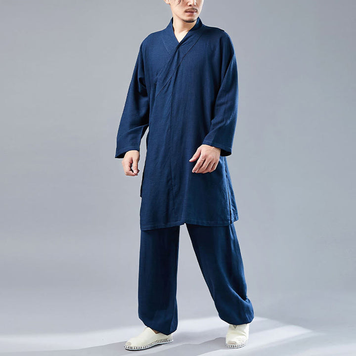 Buddha Stones 2 pezzi scollo a V da uomo manica lunga camicia top pantaloni meditazione zen tai chi cotone lino abbigliamento set