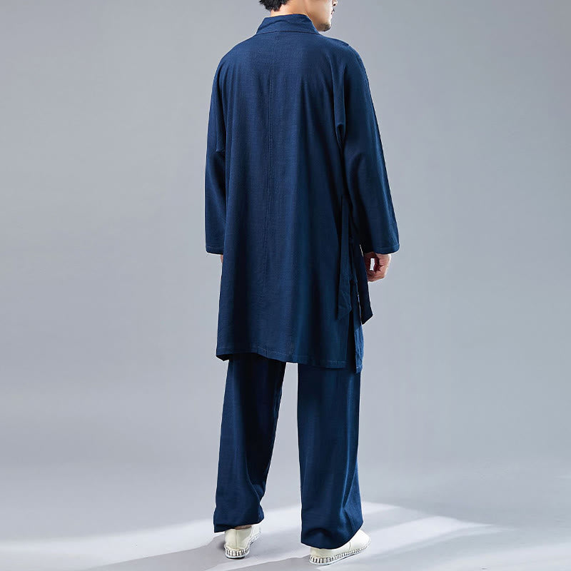 Buddha Stones 2 pezzi scollo a V da uomo manica lunga camicia top pantaloni meditazione zen tai chi cotone lino abbigliamento set