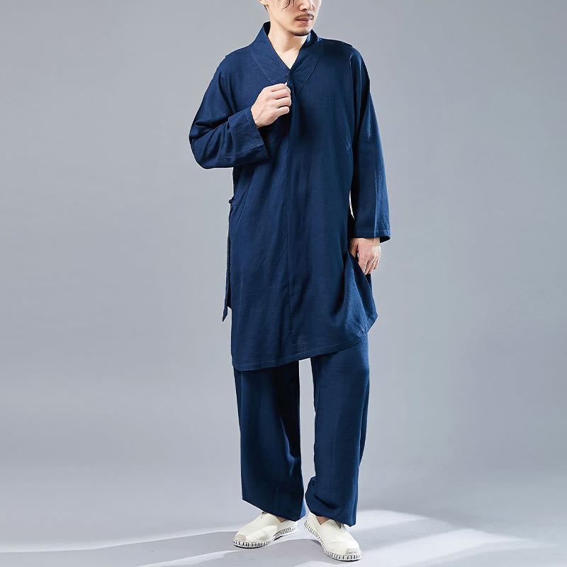 Buddha Stones 2 pezzi scollo a V da uomo manica lunga camicia top pantaloni meditazione zen tai chi cotone lino abbigliamento set