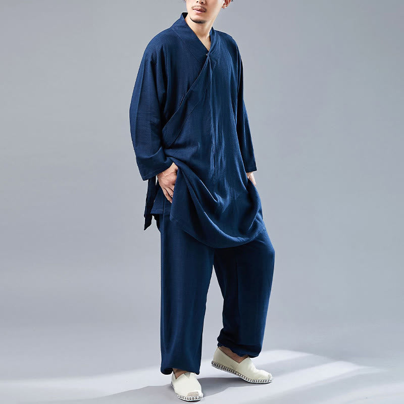 Buddha Stones 2 pezzi scollo a V da uomo manica lunga camicia top pantaloni meditazione zen tai chi cotone lino abbigliamento set