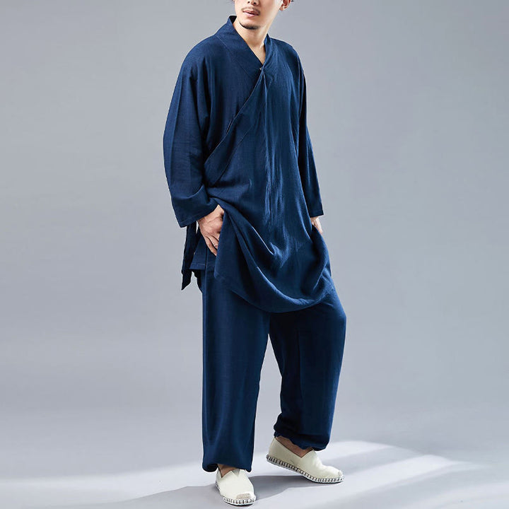 Buddha Stones 2 pezzi scollo a V da uomo manica lunga camicia top pantaloni meditazione zen tai chi cotone lino abbigliamento set