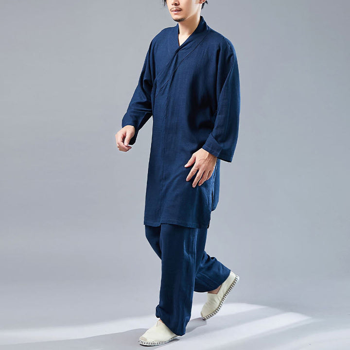 Buddha Stones 2 pezzi scollo a V da uomo manica lunga camicia top pantaloni meditazione zen tai chi cotone lino abbigliamento set - image 35