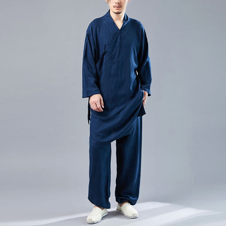 Buddha Stones 2 pezzi scollo a V da uomo manica lunga camicia top pantaloni meditazione zen tai chi cotone lino abbigliamento set