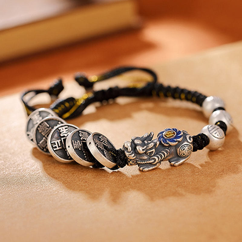 Bracciale intrecciato con moneta di rame PiXiu FengShui in argento sterling 999 con pietre Buddha Stones, carattere Fu, ricchezza