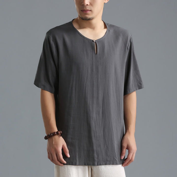 Camicia da uomo in cotone e lino a maniche corte con scollo rotondo tinta unita Buddha Stones