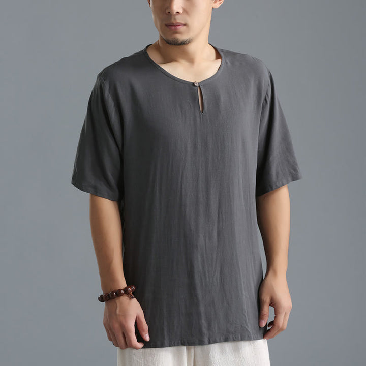 Camicia da uomo in cotone e lino a maniche corte con scollo rotondo tinta unita Buddha Stones - Grigio scuro - US/UK/AU40, EU50 (XL) - image 0