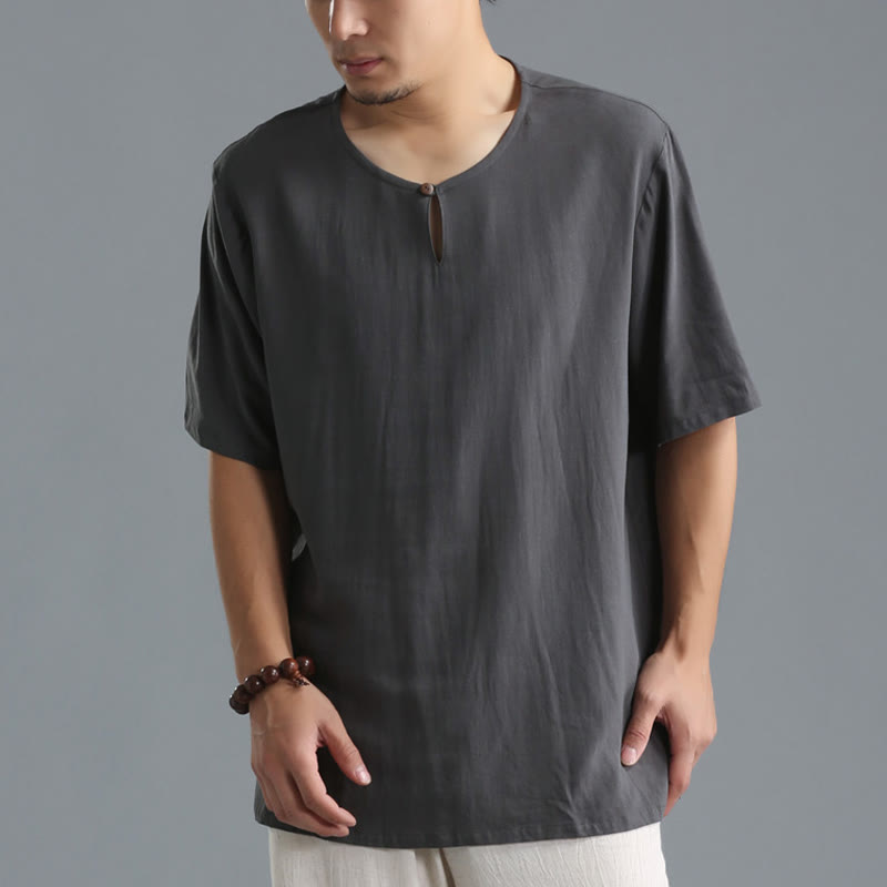 Camicia da uomo in cotone e lino a maniche corte con scollo rotondo tinta unita Buddha Stones