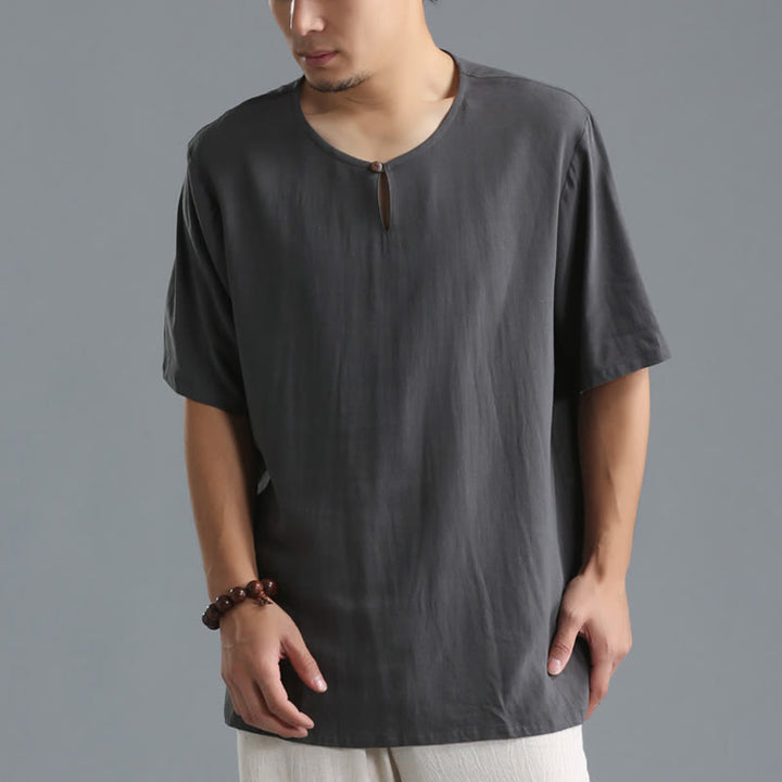 Camicia da uomo in cotone e lino a maniche corte con scollo rotondo tinta unita Buddha Stones