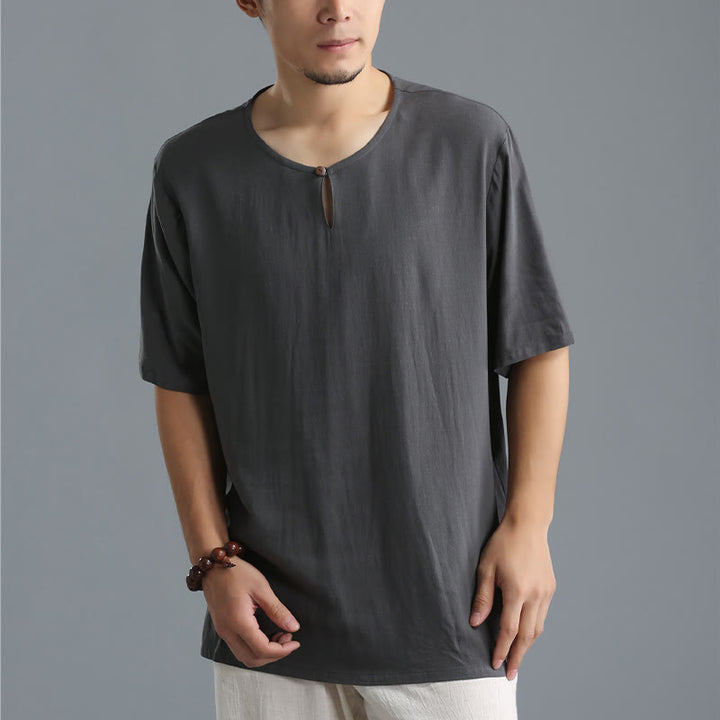Camicia da uomo in cotone e lino a maniche corte con scollo rotondo tinta unita Buddha Stones