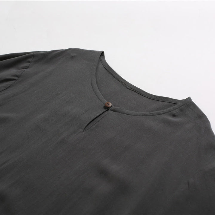 Camicia da uomo in cotone e lino a maniche corte con scollo rotondo tinta unita Buddha Stones
