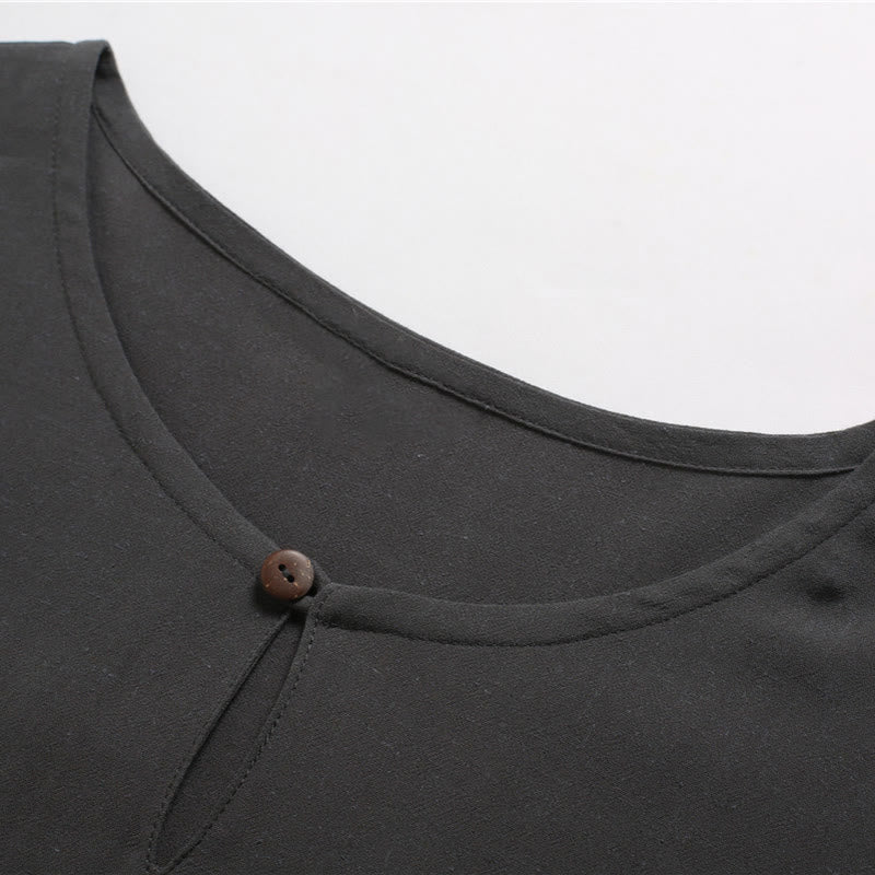 Camicia da uomo in cotone e lino a maniche corte con scollo rotondo tinta unita Buddha Stones