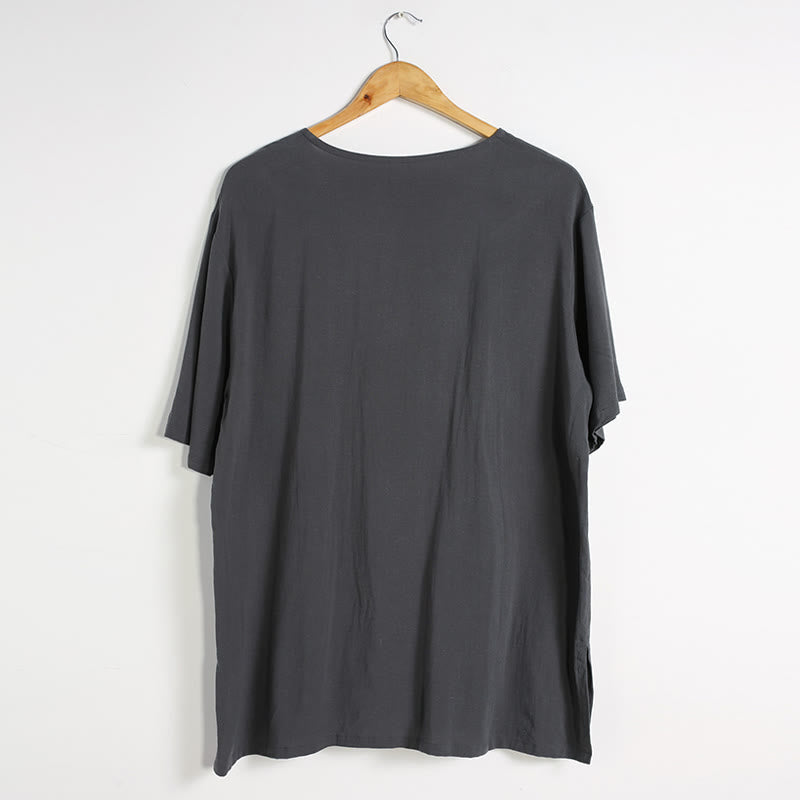 Camicia da uomo in cotone e lino a maniche corte con scollo rotondo tinta unita Buddha Stones - image 5