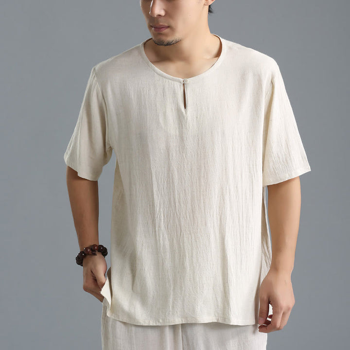 Camicia da uomo in cotone e lino a maniche corte con scollo rotondo tinta unita Buddha Stones - Biancheria - US/UK/AU40, EU50 (XL) - image 11