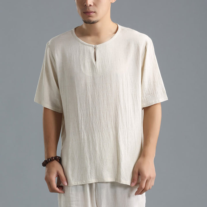 Camicia da uomo in cotone e lino a maniche corte con scollo rotondo tinta unita Buddha Stones