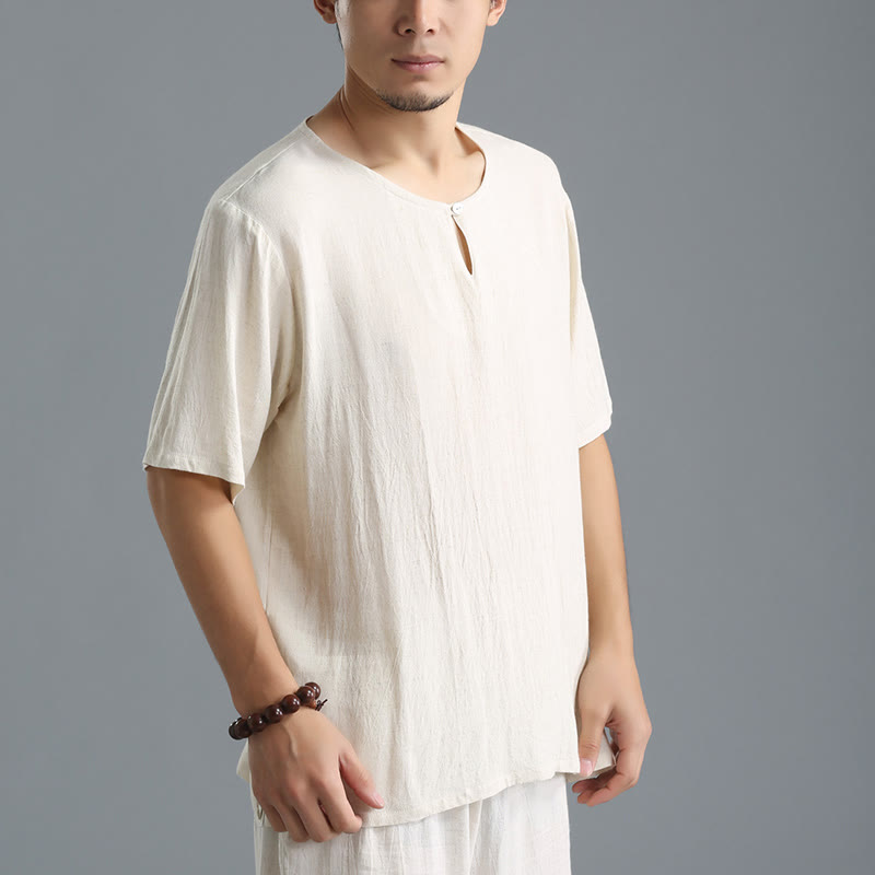 Camicia da uomo in cotone e lino a maniche corte con scollo rotondo tinta unita Buddha Stones